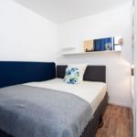 Bedroom with bed, pillows, and closet. Wall mirror and wooden floor.