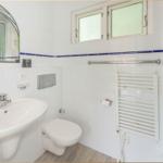 Badezimmer mit Waschbecken, Toilette und Dusche. Weiße Fliesen und Fenster.
