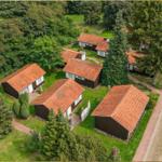 Aerial view of several wooden cabins with red tiled roofs surrounded by greenery and trees.