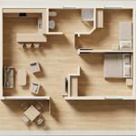 Dieses Apartment hat zwei Schlafzimmer, eine Küche, ein Bad und einen Wohnbereich mit Essbereich.