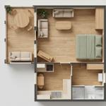 Apartment with bedroom, living area, kitchen, and bathroom. Wooden floors and modern furnishings.