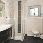 Badezimmer mit Dusche, Waschbecken und Toilette. Fenster mit Pflanze.