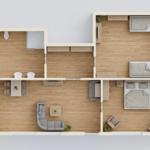 Wohnung mit drei Schlafzimmern, Küche, Wohnbereich und Bad.