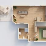 Wohnung mit Küche, Schlafzimmer, Bad und Terrasse mit Tisch und Sonnenschirm.