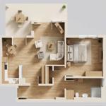 Wohnung mit Schlafzimmer, Wohn- und Essbereich sowie Küche und Bad.