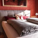 Bedroom with bed, pillows, and mirror on red wall.