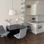 Dining area with table and chairs, kitchenette with stove and oven, light wall color and wooden floor.