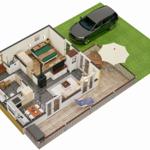 Haus mit Schlafzimmer, Wohnbereich, Küche und Terrasse mit Sonnenschirm.