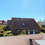 View from balcony onto a house with skylights and manicured garden.