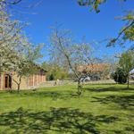 House with green lawn and blooming trees under blue sky.