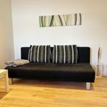 Schwarzes Sofa mit Kissen und Decke, Wandbild und Holzboden