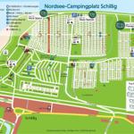 Karte des Nordsee-Campingplatz Schillig mit Unterkünften, Parkplätzen und Einrichtungen.