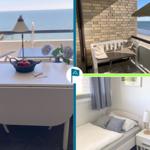 Sea view, balcony with table and seating, bedroom with bed and nightstand.