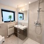 Badezimmer mit Dusche, Waschbecken und Fenster mit Pflanze.