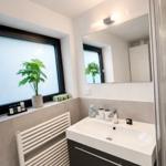 Badezimmer mit Waschbecken, Spiegel und Pflanze am Fenster.