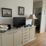 TV-Schrank mit Fernseher, Bildern und Lampe. Blick in das Wohnzimmer.