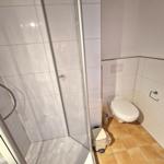 Dusche mit Glaswand, Toilette und Bodenfliesen