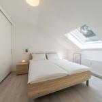 Schlafzimmer mit Doppelbett, Schwebetüren und Dachfenster.