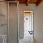 Badezimmer mit Dusche, Fenster und Blick in den Flur.