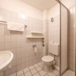Badezimmer mit Toilette, Dusche, Waschbecken und Handtuchhalter.