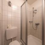 Duschkabine mit Duschbrause, WC und Toilettenpapier