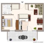 Wohnung mit Schlafzimmer, Bad, Küche, Wohn- und Essbereich sowie Terrasse mit Tisch und Stühlen.