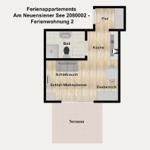 Ferienwohnung mit Schlafzimmer, Küche, Bad und Terrasse.