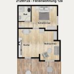 Ferienwohnung mit Schlafzimmer, Bad, Küche und Wohnzimmer mit Terrasse.