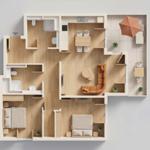 Moderne Wohnung mit Küche, Wohnzimmer, zwei Schlafzimmern und Balkon mit Sonnenschirm.