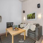 Wohnzimmer mit Sofa, Couchtisch und Kamin. Wandbild und Lautsprecher an der Wand.