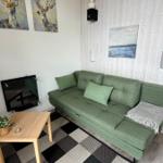 Grünes Sofa mit Kissen, Holztisch und gemustertem Teppich im Wohnzimmer.