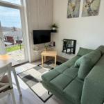 Ein Wohnzimmer mit grünem Sofa, Fernseher und Blick auf den Garten.