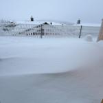 Schneebedeckter Balkon mit weißem Zaun und verschneiten Gebäuden im Hintergrund.