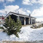 Schwarzes Holzhaus mit Schneebedecktem Vorgarten und Blick auf verschneite Landschaft.
