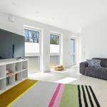 Living room with sofa, TV, and colorful rug.