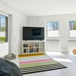 Living room with TV, rug, and windows. Furniture and decor are visible.