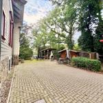 Gepflasterter Hof mit Grill, Tisch und Bäumen. Holzhaus und Pavillon im Hintergrund.
