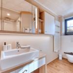 Bathroom with sink, mirror cabinet, and toilet. Wooden floor and window.