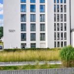 Modernes Wohnhaus mit großzügigen Fenstern und grüner Außenanlage.