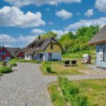 Three houses with thatched roofs stand along a paved road with garden and loungers.
