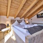 Schlafzimmer mit Bett, TV und Holzdecke. Fenster, Stuhl und Nachttische sichtbar.
