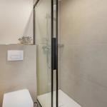Bathroom with shower, toilet, and small plants on the wall.