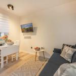 Living and dining area with sofa, table, TV, and window.
