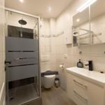 Bathroom with shower, toilet, and sink with mirror.