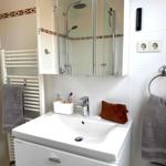 Badezimmer mit Dusche, Waschbecken und Handtuchhalter.