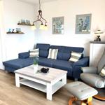 Ein Wohnzimmer mit blauem Sofa, grauem Sessel und Holzboden.