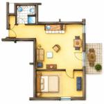 Wohnung mit Schlafzimmer, Küche, Wohnbereich und Balkon.