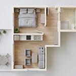 Dieses Apartment hat Schlafzimmer, Küche, Wohnbereich und Bad mit Dusche.