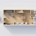 Wohnung mit Essbereich, Küche und Bad. Treppenhaus zur oberen Etage.