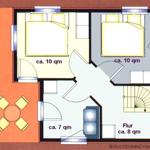 Zwei Schlafzimmer, Wohnbereich, Flur und Treppe mit Raumangaben.